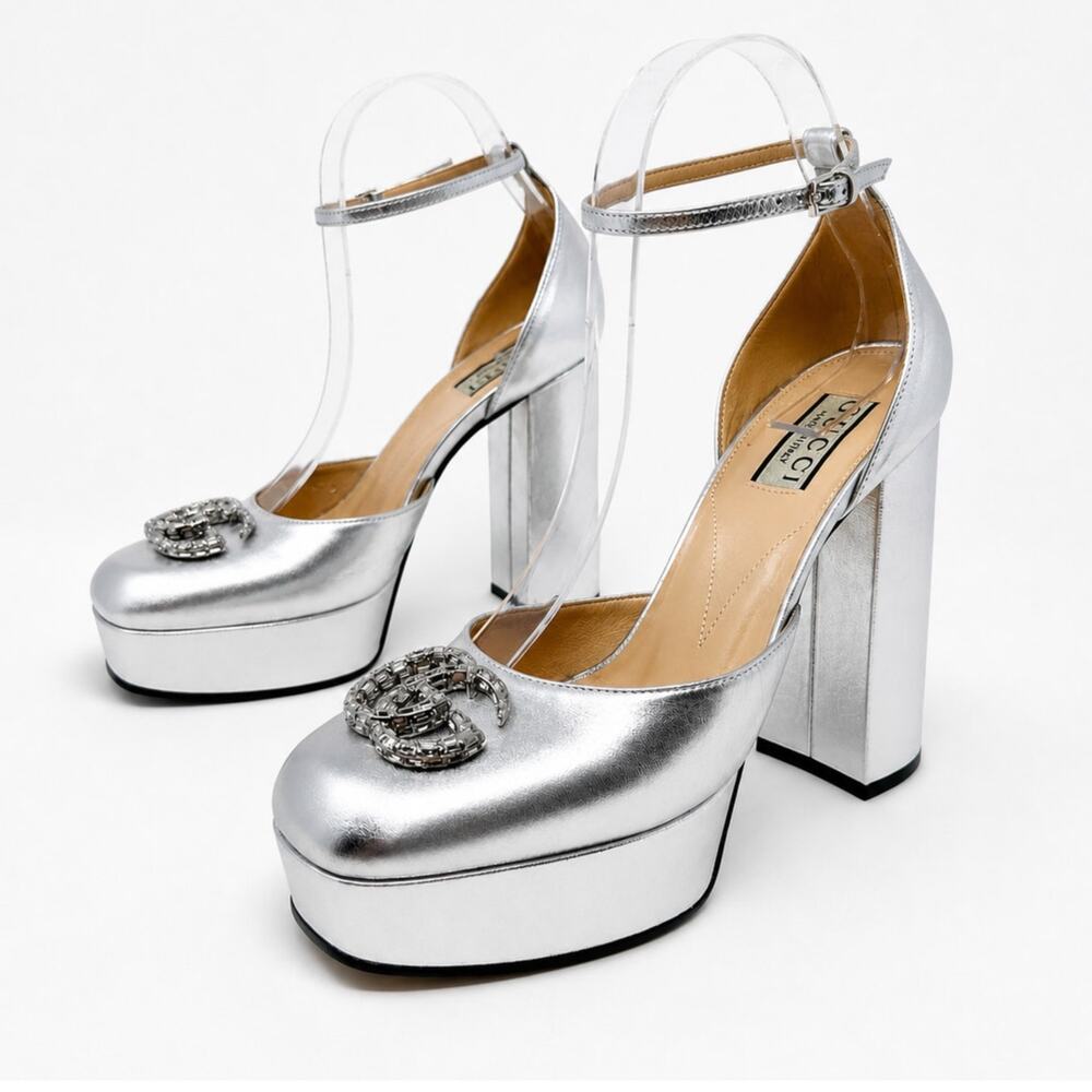 Gucci GG Metallic Leather Platform Heels Womens Size EU 38.5